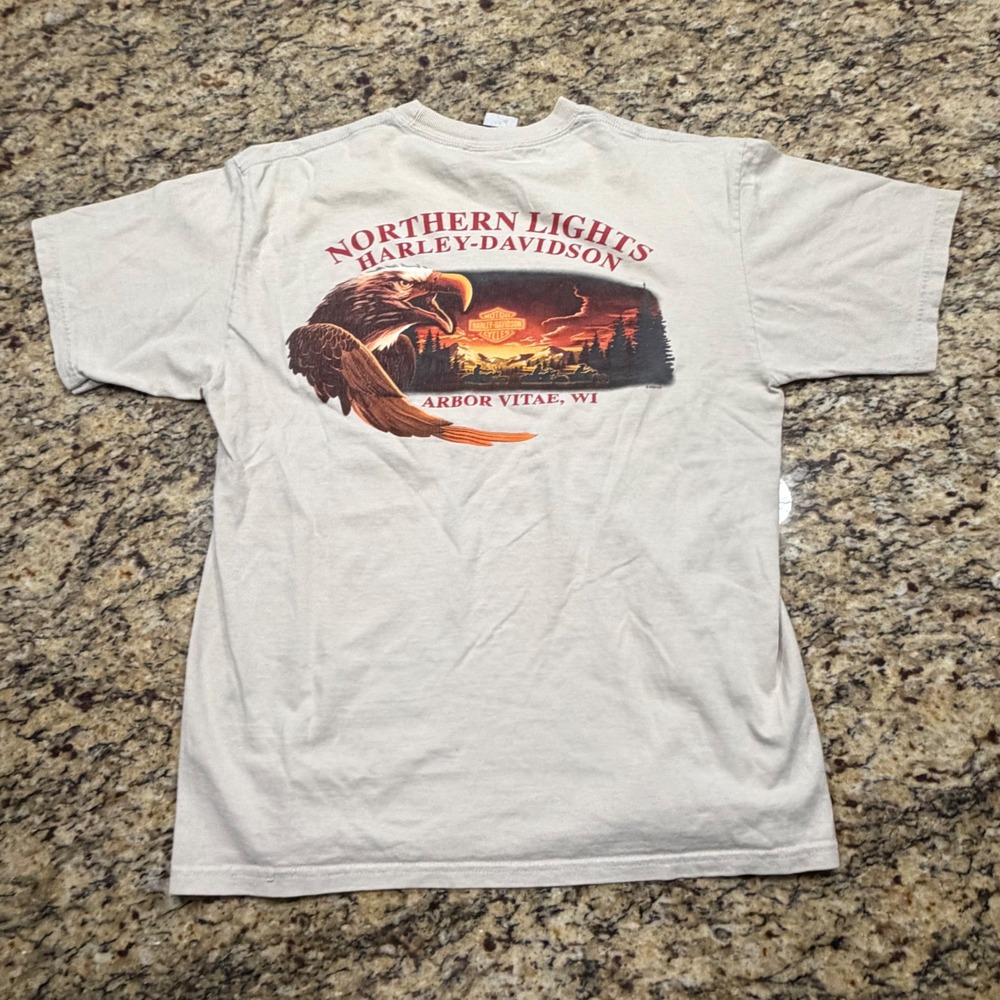 Harley-Davidson 2006 Graphic Crest T-Shirt Tan Mens L Eagle Flames Distressed ws